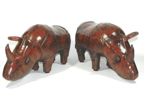 Vintage Brown Leather Rhino Footstool Pair Handmade Valenti Spain Hand Sitched Ottoman Home Animal Decor Man Cave Abercrombie & Fitch Footstools Dimitri Omersa 