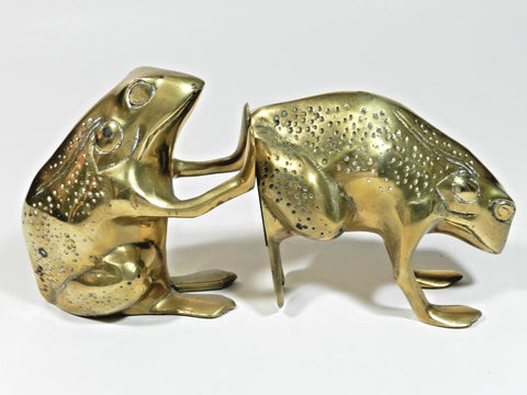 Vintage Solid Brass Frog Bookends Pair Korea Home Office Animal Decor Collector Leaping Bull Frogs Bookend Prop Mid Century Modernism Modern Hollywood Regency 