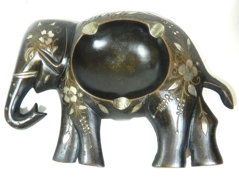 Metal Elephant Ashtray Signed India 147B-66 Black Metal Silver Floral Flower Design Baby Elephant Cigarette Tobacco Ashtray Three Cigarette Divot Joint Ashtray Medical Marijuana Cannabis Joint Ashtray Elephant African Safari Tiki Hut Decor Man Cave Smoking Room Bar Ashtray Antique Metal Elephant Vintage Metal Elephant
