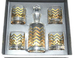 Double Old Fashioned Tumbler Glasses Decanter Set 18 Karat Gold Trim Design Maker Posh Set Design Chevron Decanter Set Includes Four Glasses & Decanter with Stopper Liquid Volume 10 Ounce Glass - 30 Ounce Decanter Modern Contemporary 18K Gold Trim Cocktail Tumbler Glass Set & Decanter Home Office Bar Man Cave Bar Decor