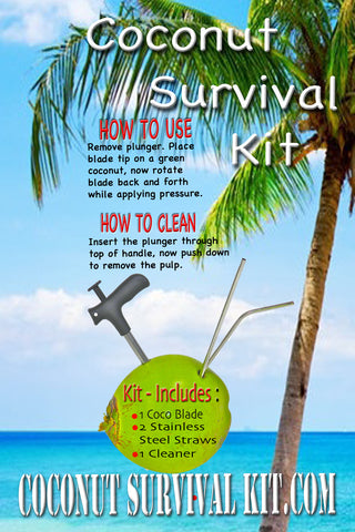 coconutsurvivalkit.com How To Open A Young Green Or Yellow Coconut With A Coconut Opening Tool And Plunger Coconut Reamer Coconut Tap Coco Tap Brown Coconut Dehusker Tool Drink Organic Raw Fresh Coconut Water Coconut Milk Eat Raw Fresh Or Dry Coconut Meat Coconut Jelly Reusable Stainless Steel Straws Dwarf Coconut Tree