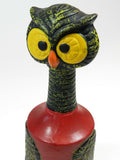 Vintage Ceramic Owl Decanter With Removable Cork Lid Hand Painted Owl Design Maker Royal Sealy Made In Japan Year 1940's 1950's 1960’s Collectable Owl Barware Collectible Hoot Owl Owl Liquor Bottle Home Barware Decor Office Barware Decor Colors Red Black Yellow Gold Orange Art Deco Pop Art Folk Art Man Cave Bar Decor