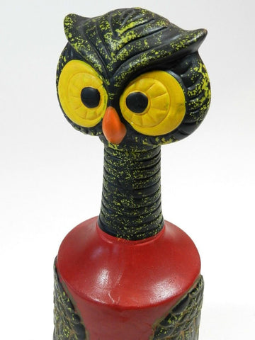 Vintage Ceramic Owl Decanter With Removable Cork Lid Hand Painted Owl Design Maker Royal Sealy Made In Japan Year 1940's 1950's 1960’s Collectable Owl Barware Collectible Hoot Owl Owl Liquor Bottle Home Barware Decor Office Barware Decor Colors Red Black Yellow Gold Orange Art Deco Pop Art Folk Art Man Cave Bar Decor