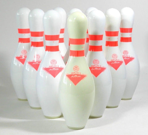 Vintage Rare AMF AMFLITE II Glow Bowling Pins WIBC ABC Wood Bowling Pin Plastic Coated Set Of Ten Regulation Size Proffessional Approved Bowling Pins For Bowling Alley Or Home Bowling Alley Game Room 15" Inch Tall Bowling Pin Glow In The Dark AMF AMFLITE II WIBC ABC White Blue Red Pink Collectable Game Set Movie Prop