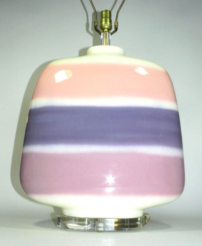 Vintage Ceramic Lucite Table Lamp Oval Acrylic Base 3 Way Light Switch Eames Era Deco Mid Century Modern Modernism Architectural Design Pink Mauve Purple White 