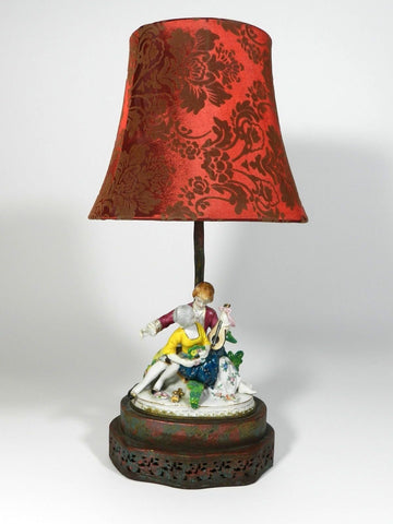 Vintage Antique Porcelain Figural Side End Table Lamp Accent Light Shade French Design Ceramic Hand Painted Man Women Statue Art Nouveau18th Century style Decor