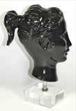 Vintage Woman Girl Lady Head Bust Statue Black Gloss Porcelain Ceramic Acrylic Lucite Base Greek God Sculpture Art Deco Mannequin Beauty Shop Store Display Prop