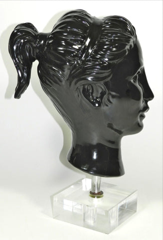 Vintage Woman Girl Lady Head Bust Statue Black Gloss Porcelain Ceramic Acrylic Lucite Base Greek God Sculpture Art Deco Mannequin Beauty Shop Store Display Prop