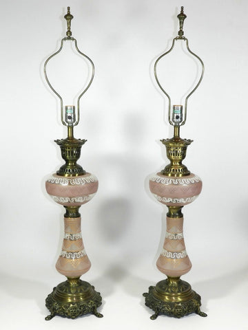 Vintage Light Pink Glass Lamp Pair 3-way Light Switch Ornate Metal Base Victorian Italian French Decor Pale Pink Gold Clear Art Nouveau Bed Side End Table Lamps
