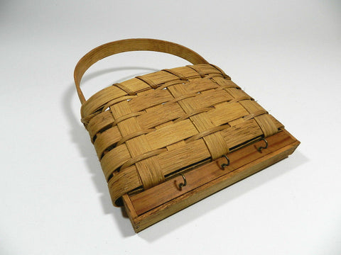 Vintage Woven Wall Door Hanging Basket Bent Wood Ash Oak Splint Handle Three Hooks Out Going Mail And Key Hooks Country Folk Art Natural Finish Hand Crafted USA