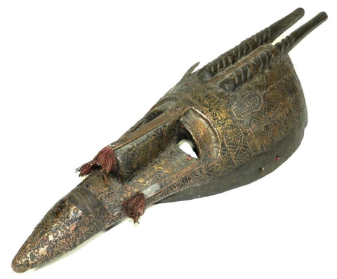 African Tribal Ceremony Initiation Mask Carved Wood Tassels Applied Hammered Metal Wall Hanging collectible Ndoma Society Mali Tribe Folk Art Collection Masks