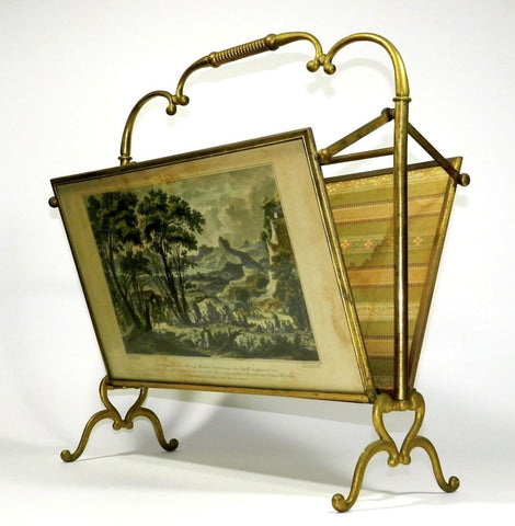 Antique Brass and Glass Folding Magazine Rack Vintage Magazines Holder Floor Stand French Victorian Rococo Ornate Design Bent Brass Bronze Furniture Traditional