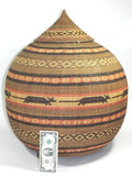 Yekuana Indian Basket With Lid Round Form Dyed Reeds Brown Black Rose Red Tan Collectible Collectable Venezuela Rain Forest Hand Made Woven Baskets Home Decor 
