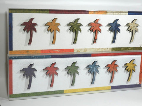 Nautical Palm Tree Wall Hanging Artist Signed Coogan Mixed Medium Art Acrylic Lucite Shadow Box Raised 3D Picture Dimension Design Beach House Decor Multi Color