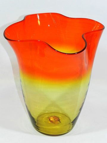 Vintage Blenko Glass Vase Large Blenko Art glass Vase With Ruffled Top Edge Amberina Red-Orange and Yellow Color Tone Handmade Mouth Blown Glass Blenko Art Glass Vase Point Of Interest Flower Centerpiece Depression Crackled Art Glass Home Office Decor Christmas Birthday Wedding Anniversary Baby Shower Flower Vase Prop