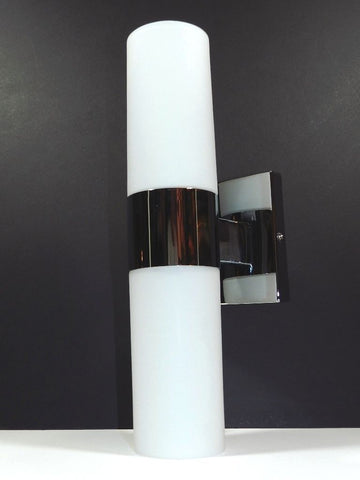 Chrome Finish Vertical Up Down Double Wall Sconce Two White Frosted Glass Light Globes Hard Wire Art Deco Mid Century Modern Wall Lamp Hall Bathroom Entrance 