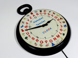 Vintage Electric School Clock Year 1972 Maker Pakler Material Black Resin Face Plate Multi Colors Children's Learning Clock With Alphabet Letters Pictures and Numbers Antique Classroom Wall Clock Pocket Watch Design Educational Home School Clock Farm House Country School Clock Movie Prop Childs Bedroom Play Room Decor