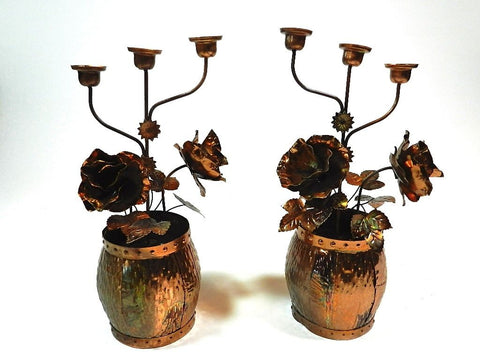 Copper Barrel Music Box Candle Holder Pair