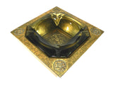Vintage Cigar Ashtray Gold Gilt Tole Ware Medallion Design Art Deco Mid Century Modern Gentlemens Smokers Den Smoking Room Ashtray Stoner Pipe Ashtray Man Cave Home Office Bar Ashtray Antique Smoking Stand Two Piece Heavy Glass Octagon Cigarette Joint Pipe Cigar Smoked Glass Ashtray Tabletop Toleware Ashtray Movie Prop