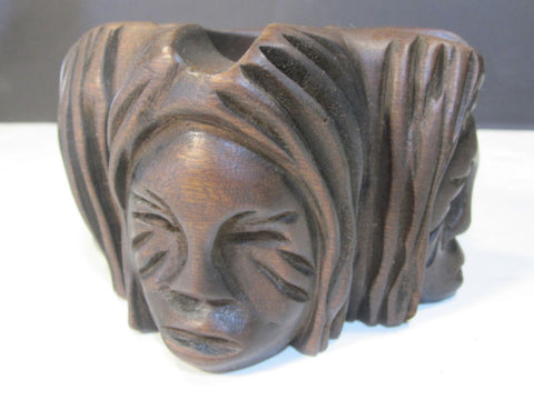 Vintage Antique Hand Carved Wood Cigar Ashtray With Four Hand Carved Tribal Faces Tropical Tiki Hut Tommy Bahama Design Smoking Room Cigar Pipe Cigarette Ashtray The Smokers Den 4 Divot Cigar Ashtray Man Cave Office Decor Tribal Theme Faces Collectible Hand Carved Wooden Tribal Face Ashtray Rare Carved Wooden Ashtray