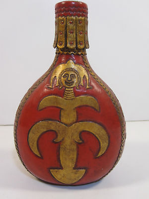 Collectable Vintage Leather Covered Liquor Bottle Antique Wrapped Glass Bottles Viking Design Red Gold Decanter Flask Gothic Home Office Barware Decor Man Cave 