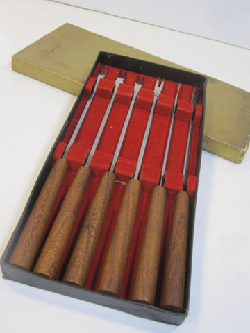 Vintage Mid Century Modern Teak Forks Fondue Sticks Stainless Japan