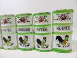 Vintage Rooster Spice Rack Jars Ceramic Wood