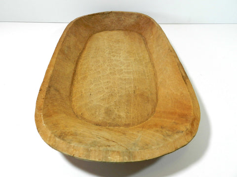 Rare Antique Treen Hand Carved Primitive Hand Hewn Trencher Bowl Bowls With Natural Patina Finish Long Rectangular Bowl Antique Wooden Bowl Vintage Wood Bowl Americana Old Wooden Bowls Hand Made Large wooden Dough Bowl Fruit Bowl Point Of Interest Table Centerpiece Large wooden Tabletop Centerpiece Handcrafted 30x15x3