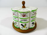 Vintage Rooster Spice Rack Jars Ceramic Wood