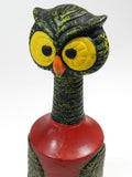 Vintage Ceramic Owl Decanter With Removable Cork Lid Hand Painted Owl Design Maker Royal Sealy Made In Japan Year 1940's 1950's 1960’s Collectable Owl Barware Collectible Hoot Owl Owl Liquor Bottle Home Barware Decor Office Barware Decor Colors Red Black Yellow Gold Orange Art Deco Pop Art Folk Art Man Cave Bar Decor 