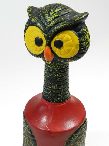 Vintage Ceramic Owl Decanter With Removable Cork Lid Hand Painted Owl Design Maker Royal Sealy Made In Japan Year 1940's 1950's 1960’s Collectable Owl Barware Collectible Hoot Owl Owl Liquor Bottle Home Barware Decor Office Barware Decor Colors Red Black Yellow Gold Orange Art Deco Pop Art Folk Art Man Cave Bar Decor 