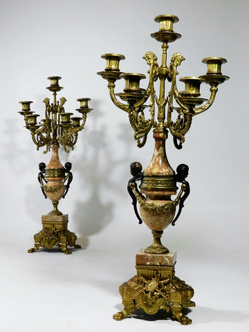 Pair of Italian Brevettato Brass Marble Candelabras