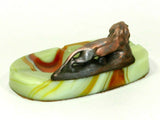 Vintage Green Glass Akro Agate Ashtray Cast Metal Lion