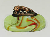 Vintage Green Glass Akro Agate Ashtray Cast Metal Lion