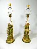 Antique Peasant Figural Lamp Man Women Pair