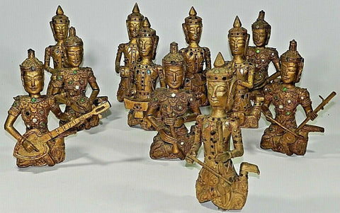 Antique 1900’s Asian Wood Carved Musician Figures Hand Carved Asian Art Thai Figural Wall Art Thai Musical Instruments Hand Painted Wood Siamese Musicians Gold Gilt Embellished With Multi Color Faux Jewel Gem Stones Asian Tibetan Siam Statue 19Th Century Collectible Asian Art Collectable Wall Art Home Office Thai Decor