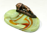 Vintage Green Glass Akro Agate Ashtray Cast Metal Lion