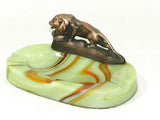 Vintage Green Glass Akro Agate Ashtray Cast Metal Lion