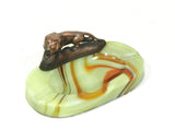 Vintage Green Glass Akro Agate Ashtray Cast Metal Lion