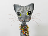Folk Art Cat Pottery Sculpture Signed