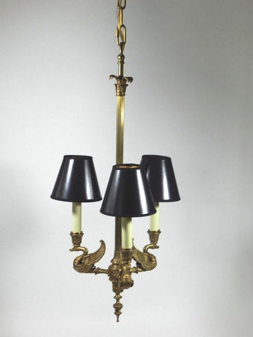 Antique Bronze Swan Chandelier Vintage French Empire Three Arm Light Lights Cup Bobeches Stairwell Entrance Vaulted Ceiling Mount Black Lamp Shade Brass Chain