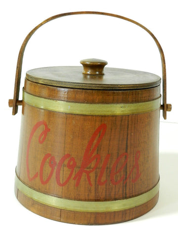 Vintage Wood Cookie Jar And Lid Antique Wooden Shaker Coopered Firkin Sugar Bucket Swing Handle Americana Folk Art Country Cabin Home Decor Collectable 1900's