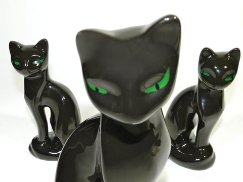 Sitting Siamese Cat Kitten Figurine Figure Statue Porcelain Back Glaze Ceramic Green Eyes Art Deco Mid Century Modern Decor Taiwan Country Folk Art Cats Kittens