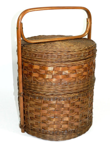 Vintage 2 Tier Chinese Wedding Basket With Removable Lid Hand Made Natural Woven Wicker Baskets Bamboo Handle Sewing Notions Crafting Picnic Pie Baskets Lined 