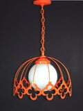 Vintage Swag Ceiling Light Opal Glossy White Glass Globe Retro Atomic Orange Metal Frame Ceiling Mount Hard Wire 1970's Art Deco Mid Century Modern Chandelier 
