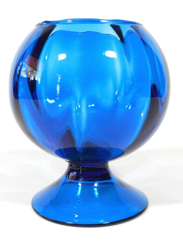 Vintage Blenko Blue Art Glass Footed Bowl Or Flower Vase Centerpiece Smooth Exterior Finish Ribbed Textured Finish Inside Bowl Handmade Glass Making Technique Mouth Blown Collectable Collectible Cobalt Blue Depression Glass Blenko Blue Art Glass Footed Bowl Candy Dish Deco Home Office Decor Betta Fish Bowl Aquarium Art