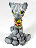 Folk Art Cat Sculpture Pottery Artist Signed Margarita Calle 2004 Cat Kitten Figurine Colors: Gray Black And White Green Yellow Eyes Wearing A Beaded Necklace