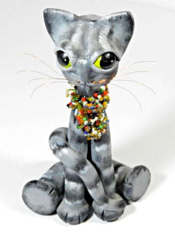 Folk Art Cat Sculpture Pottery Artist Signed Margarita Calle 2004 Cat Kitten Figurine Colors: Gray Black And White Green Yellow Eyes Wearing A Beaded Necklace