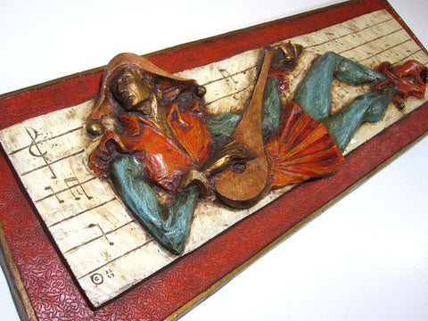 Jester Wall Art Sculpture Signed J. Segura Rectangular Picture 3D Three Dimensional Design Molded Fiberglass mandolin Sheet Music Decor Harlequin Renaissance
