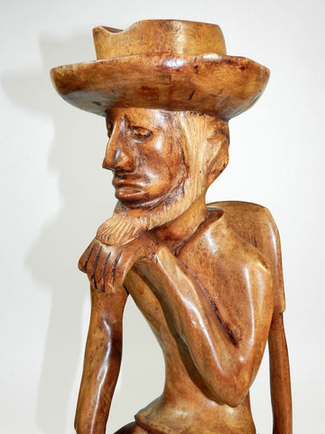 Vintage Man Sculpture Carved Wood Hand Carved Western Hat Sitting In Cane Chair Folk Art Man Cave Decor Figural Bearded Men Wooden Carving Art Sculptures Prop 